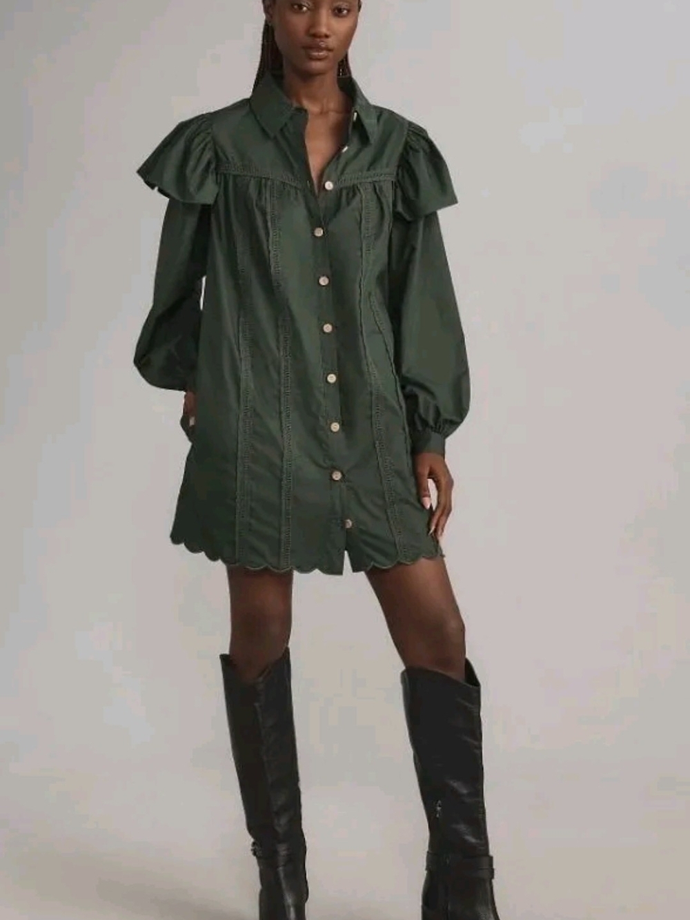 Anthropologie/ Farm Rio/ Dark Green Button-Front Ruffle Shirt Dress